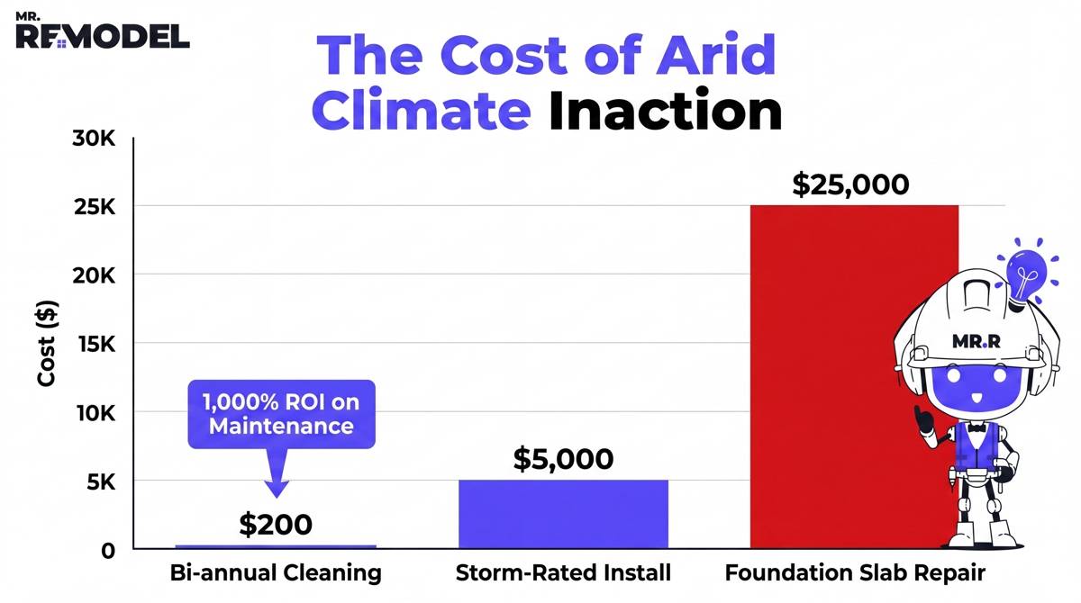 An ROI infographic illustrating the massive cost savings of installing high-capacity gutters versus the $25,000 price of desert foundation repairs.